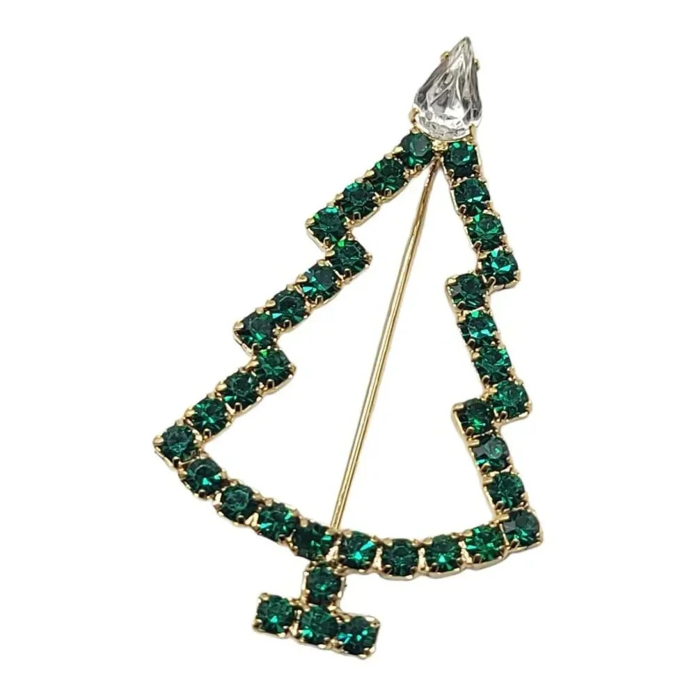 Green Rhinestone Outline Christmas Tree Green Clear Rhinestone Brooch Pin